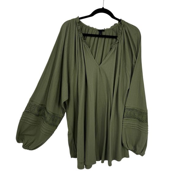 Torrid 5X Plus Size Top Olive Textured Jersey V-Neck Crochet Long Sleeve Boho - Picture 1 of 9